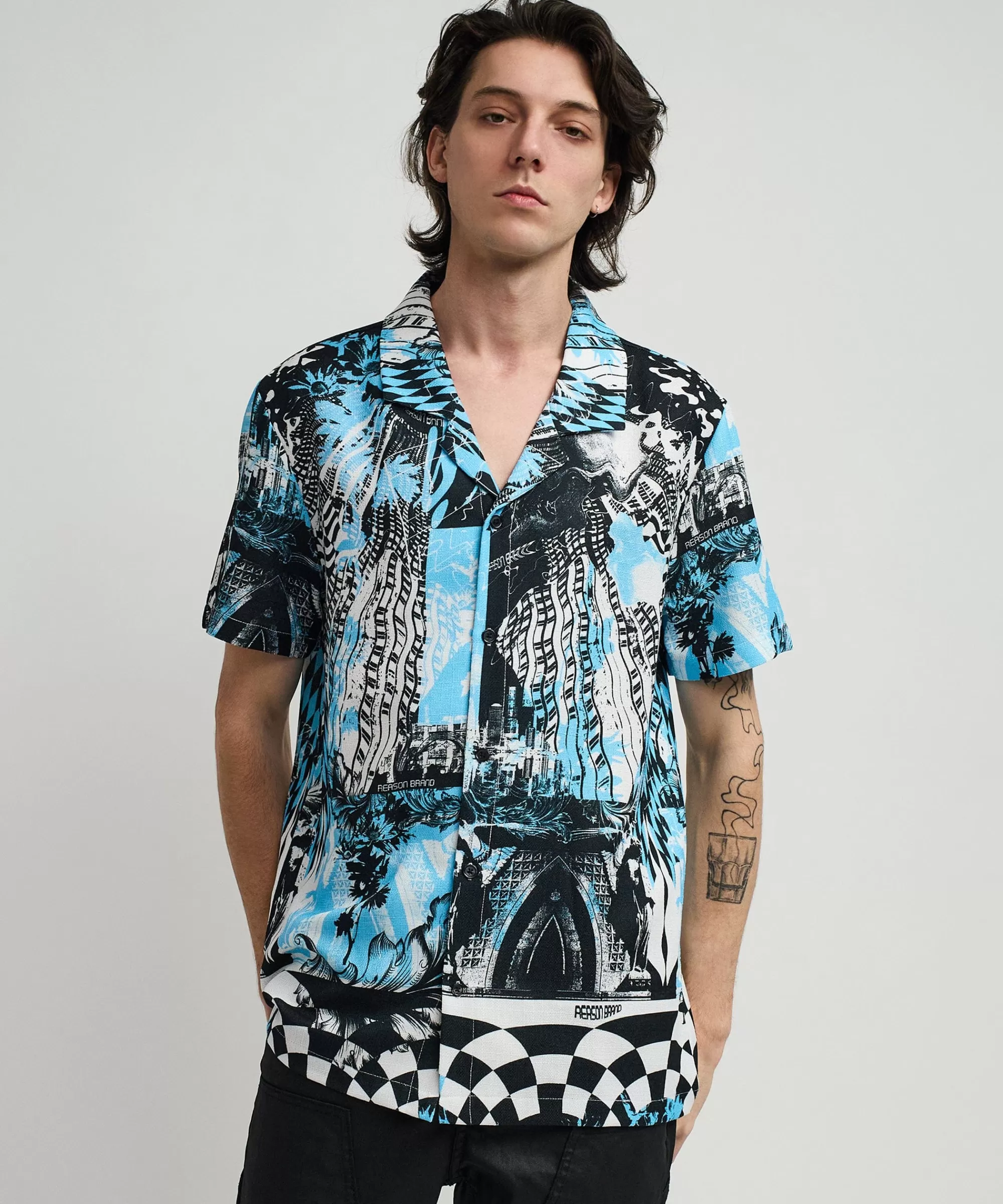 Cheap District Linen Texture Short Sleeve Button Down Shirt - Blue Button Downs