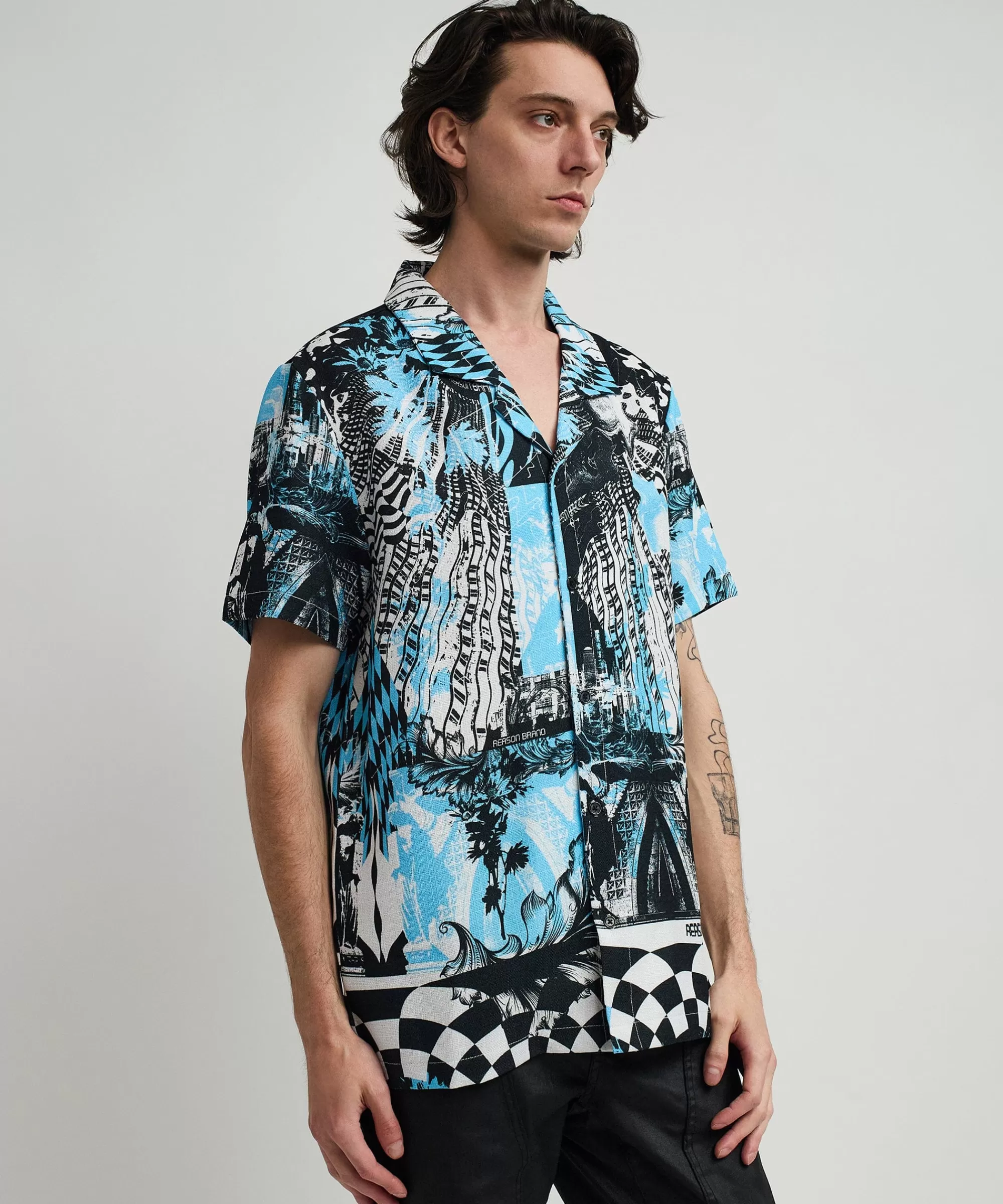 Cheap District Linen Texture Short Sleeve Button Down Shirt - Blue Button Downs
