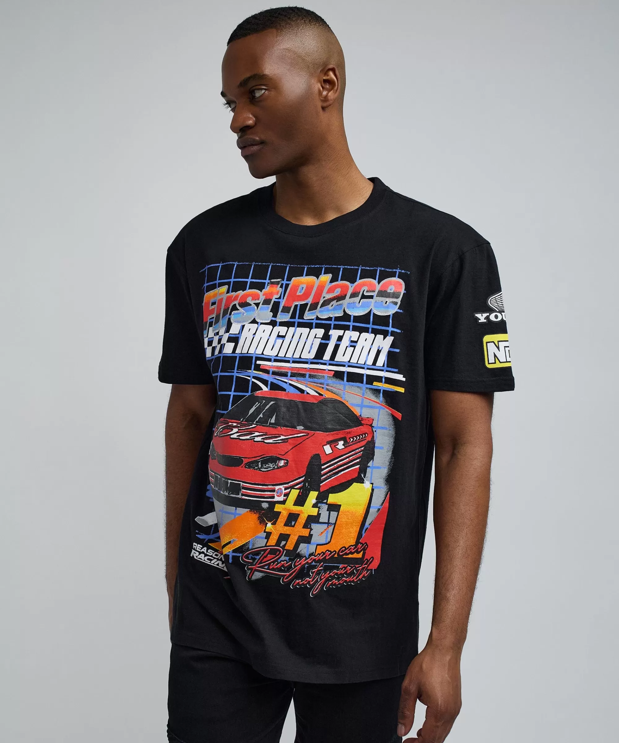 Clearance Foreign Racing Speed Short Sleeve Graphic Print Tee - Black Graphic Tees