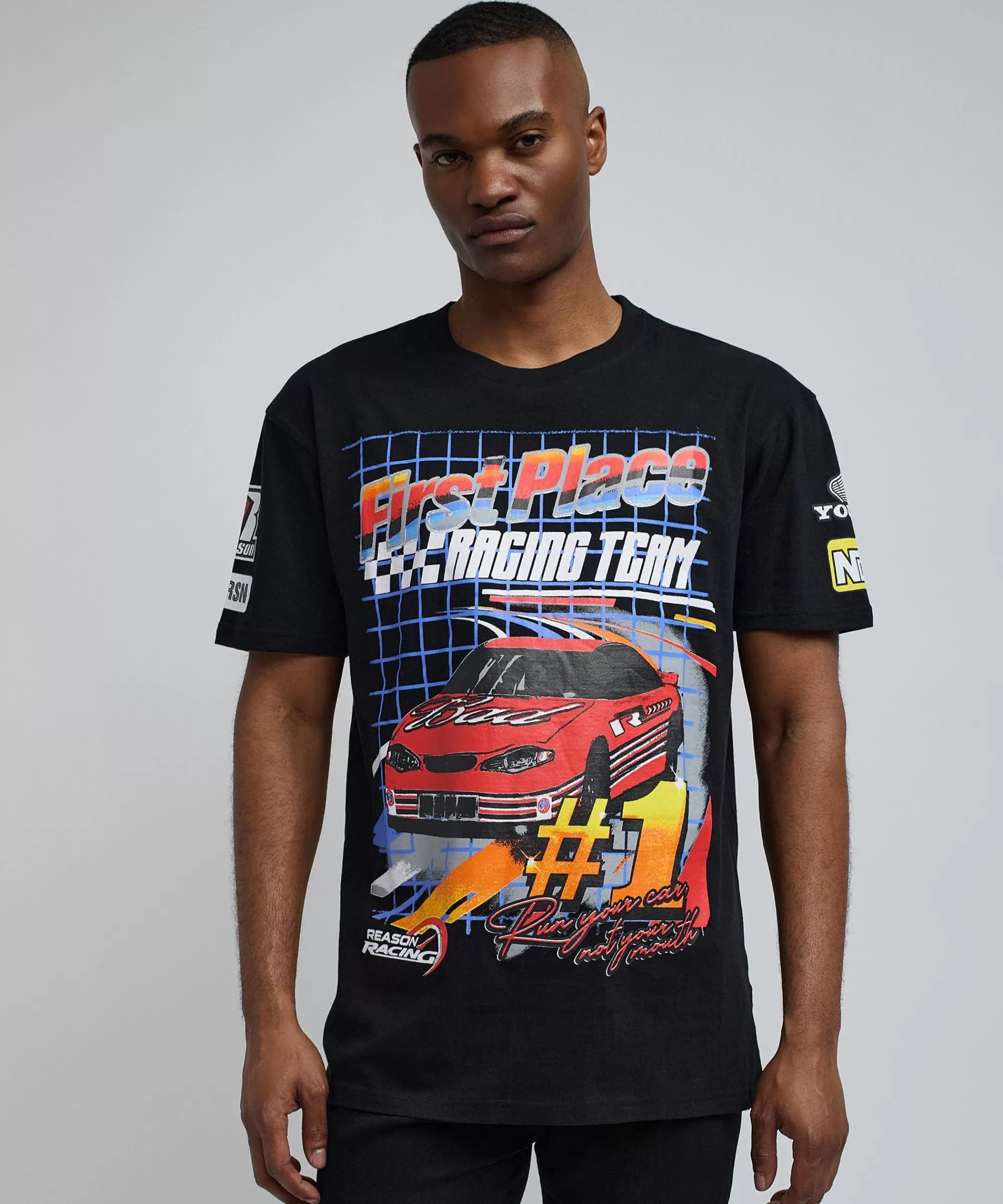 Clearance Foreign Racing Speed Short Sleeve Graphic Print Tee - Black Graphic Tees