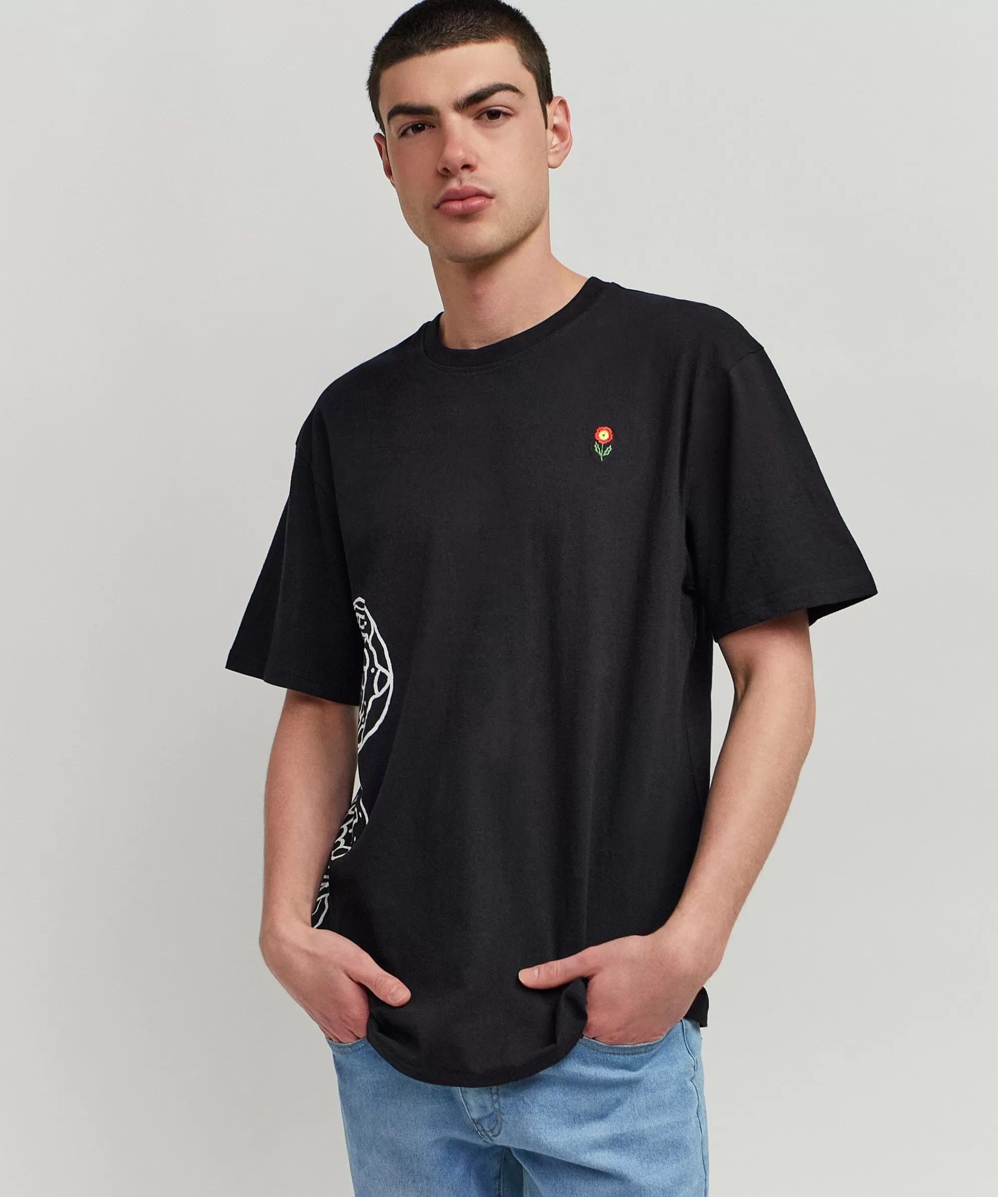 Fashion Panter Short Sleeve Graphic Print Embroidered Detail Tee - Black Graphic Tees