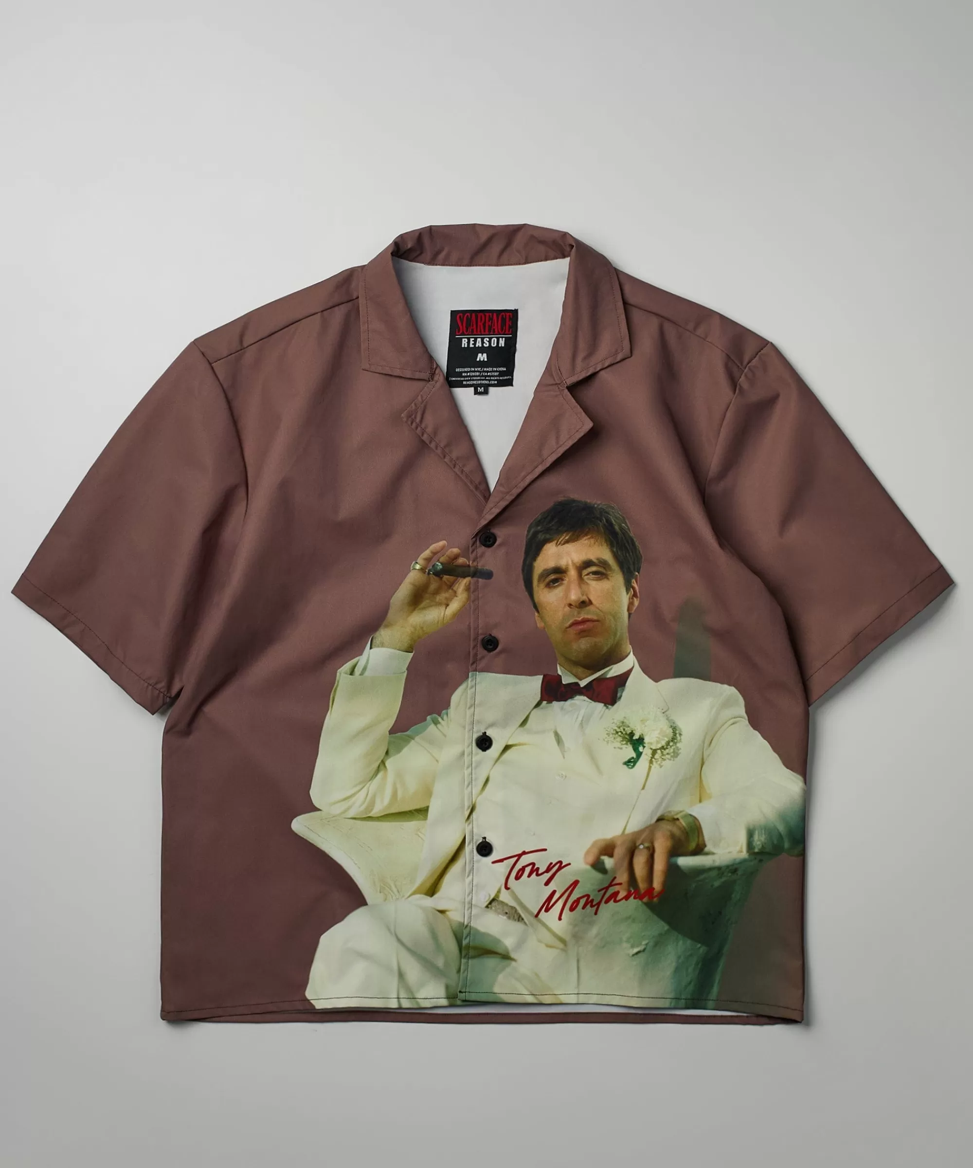 New Scarface Tony Montana Short Sleeve Shirt Box Fit - Brown Button Downs | Oversized Tees