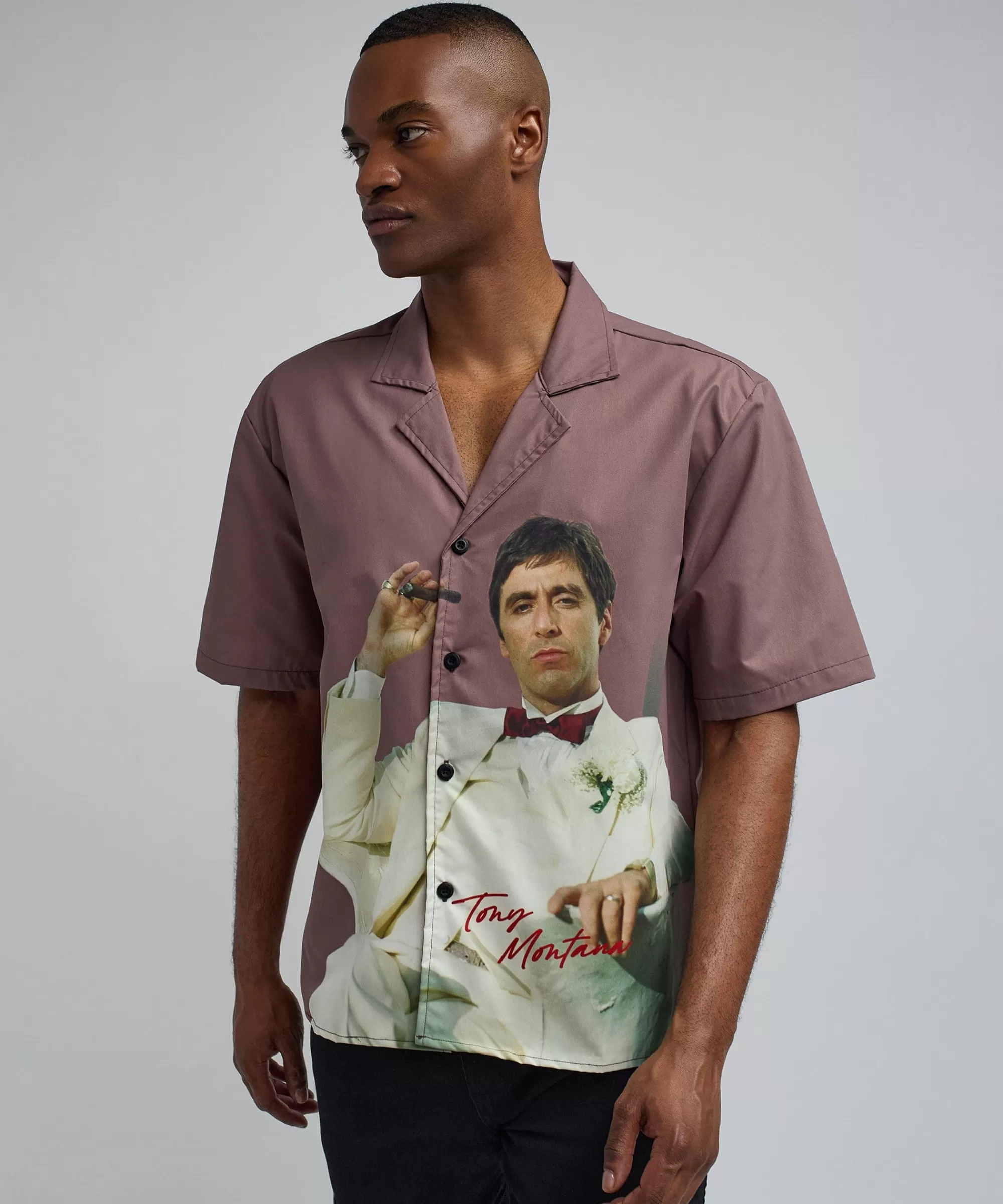New Scarface Tony Montana Short Sleeve Shirt Box Fit - Brown Button Downs | Oversized Tees
