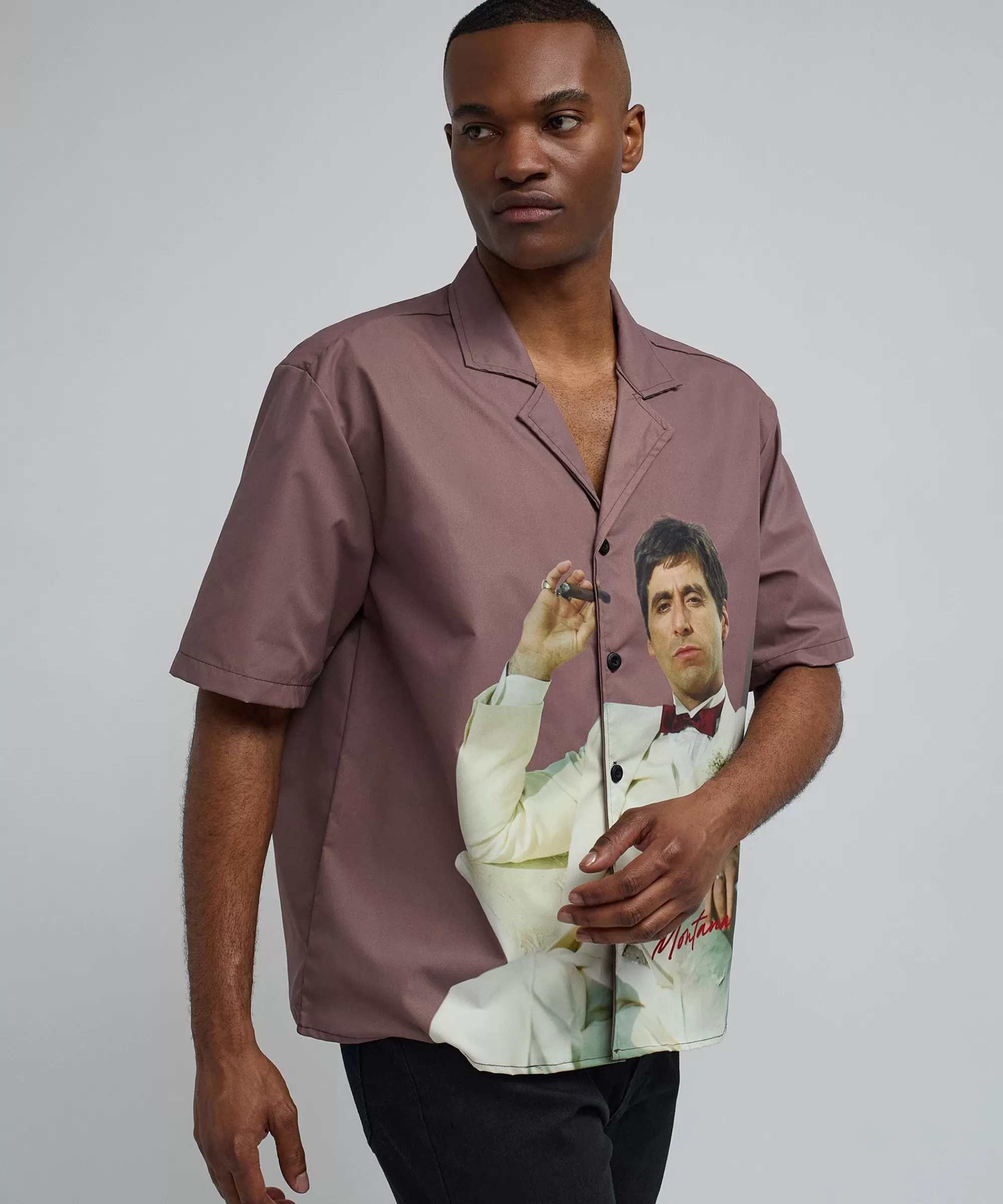 New Scarface Tony Montana Short Sleeve Shirt Box Fit - Brown Button Downs | Oversized Tees
