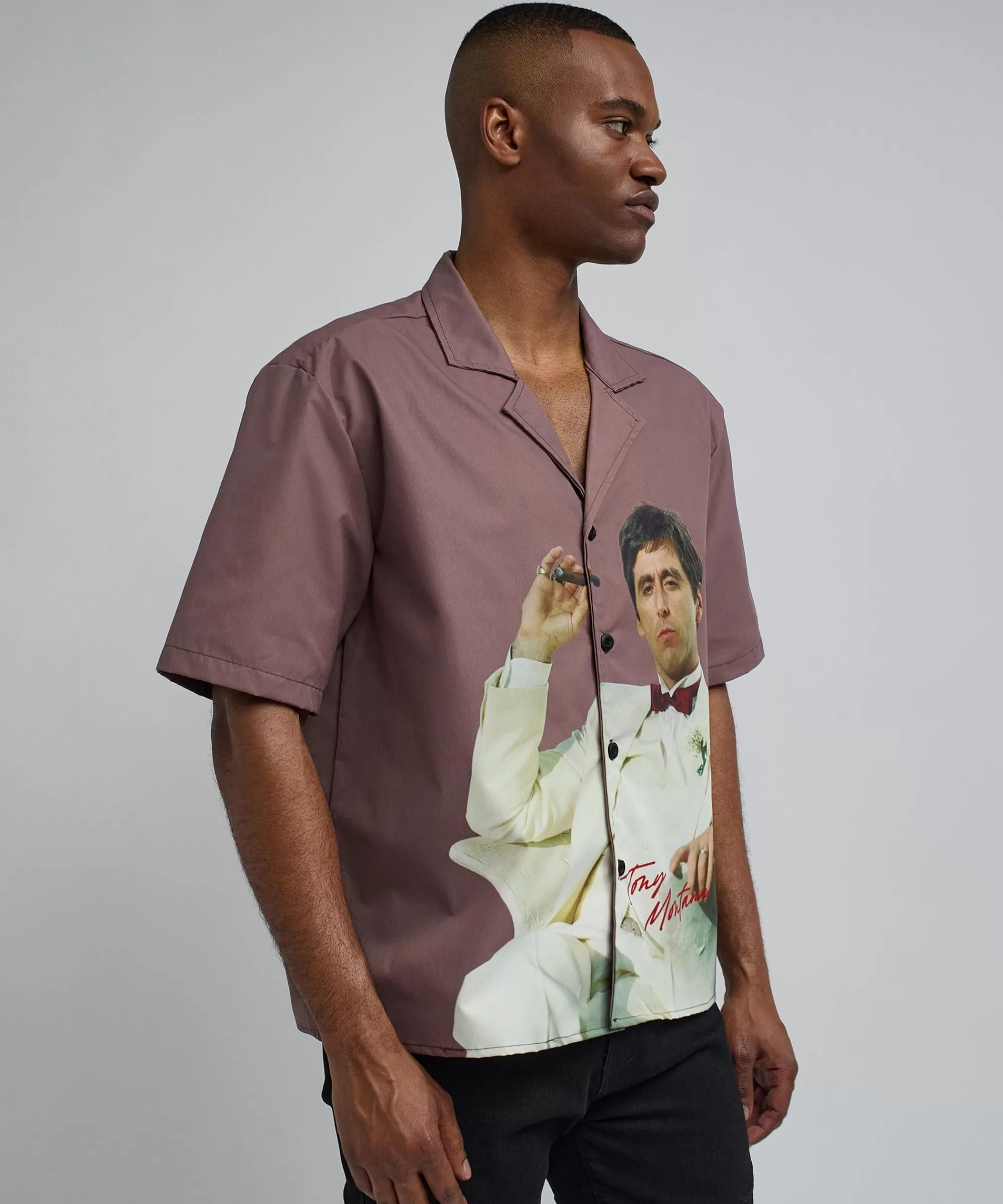 New Scarface Tony Montana Short Sleeve Shirt Box Fit - Brown Button Downs | Oversized Tees