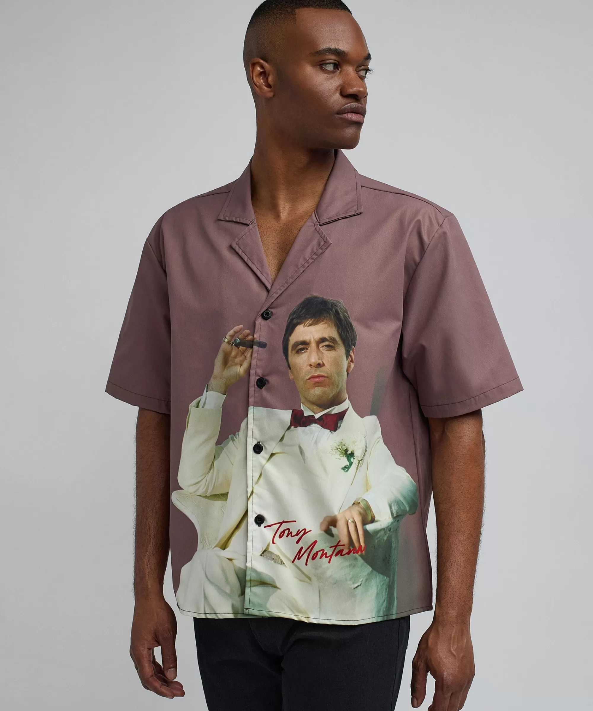 New Scarface Tony Montana Short Sleeve Shirt Box Fit - Brown Button Downs | Oversized Tees