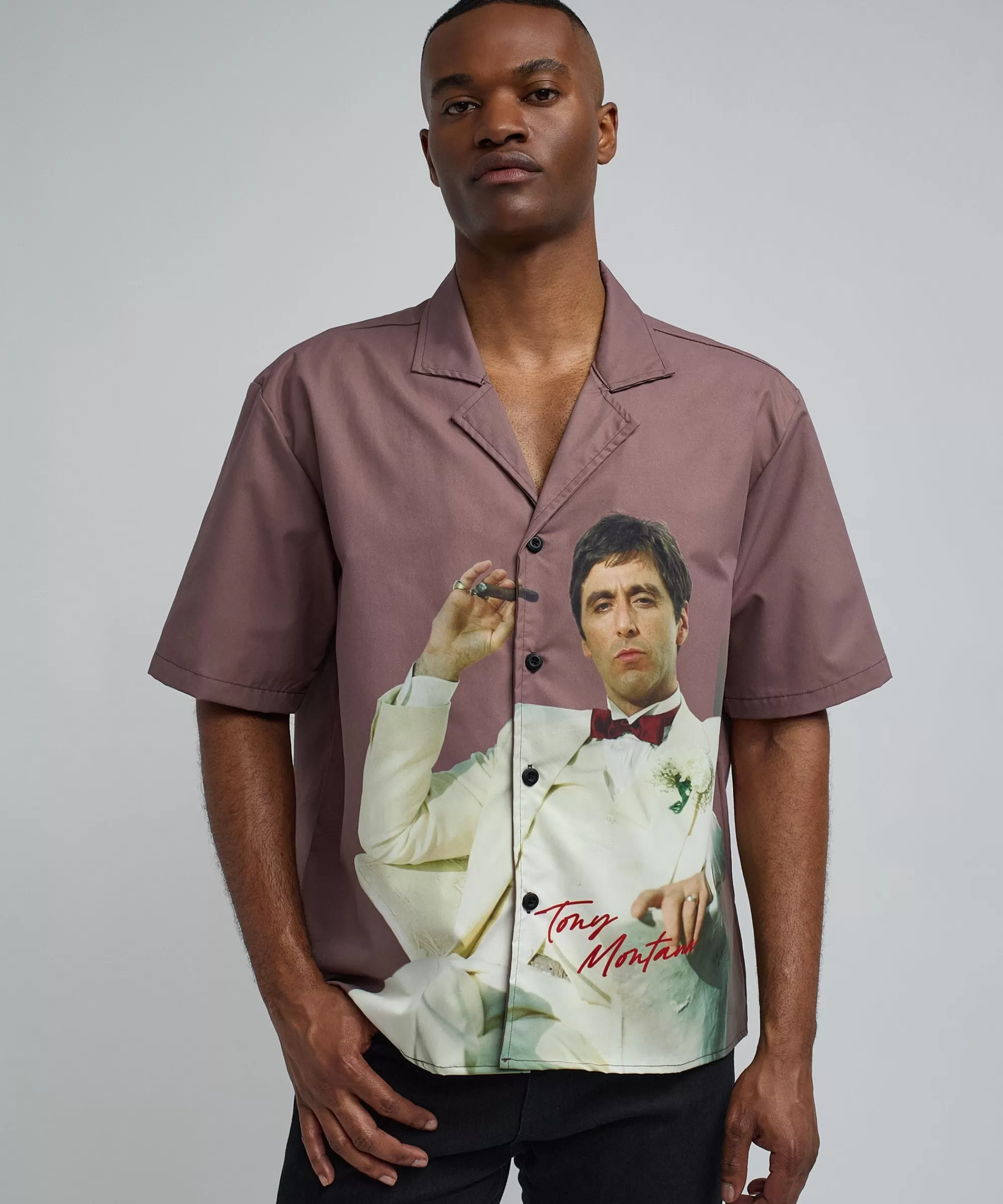 New Scarface Tony Montana Short Sleeve Shirt Box Fit - Brown Button Downs | Oversized Tees