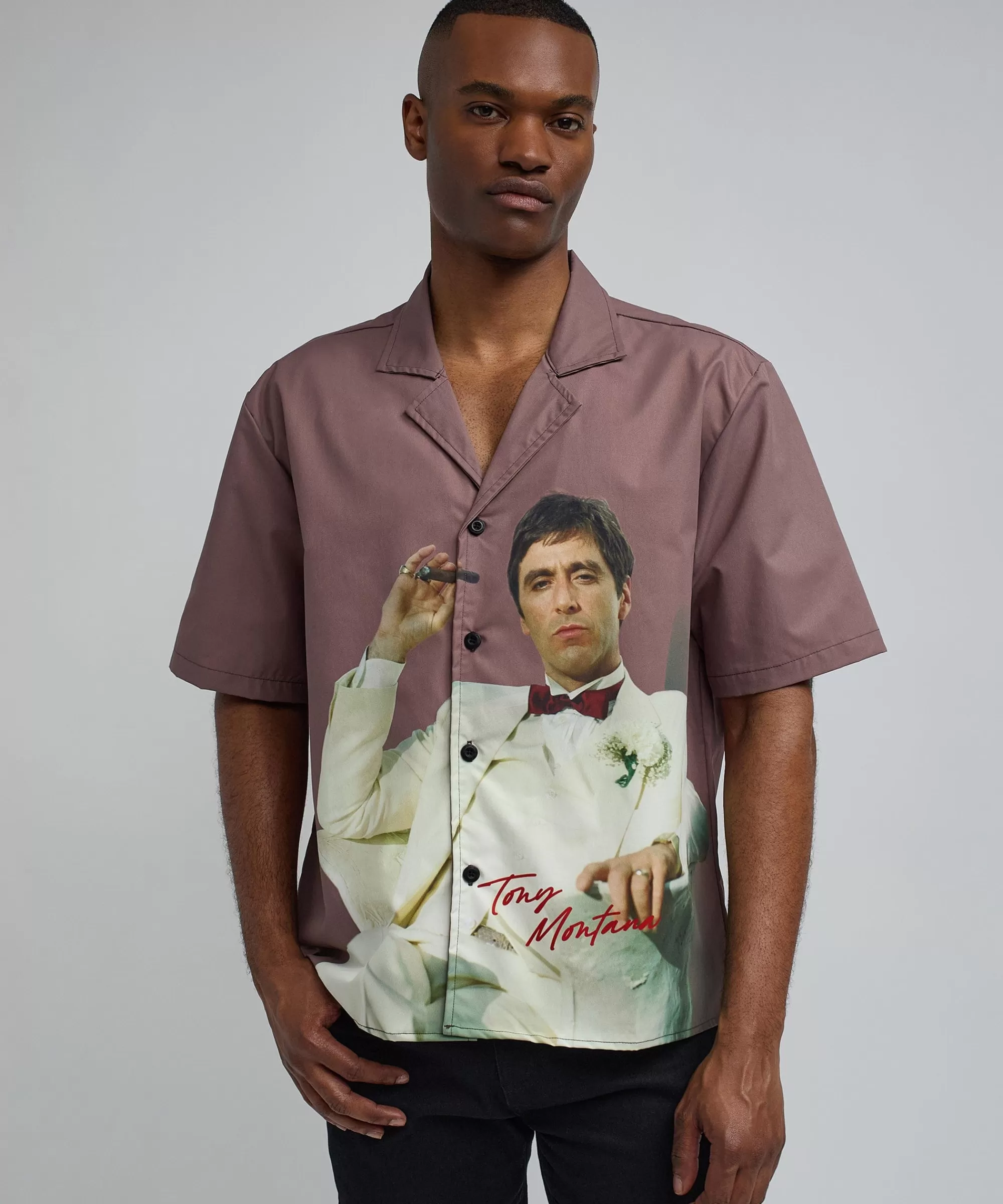 New Scarface Tony Montana Short Sleeve Shirt Box Fit - Brown Button Downs | Oversized Tees