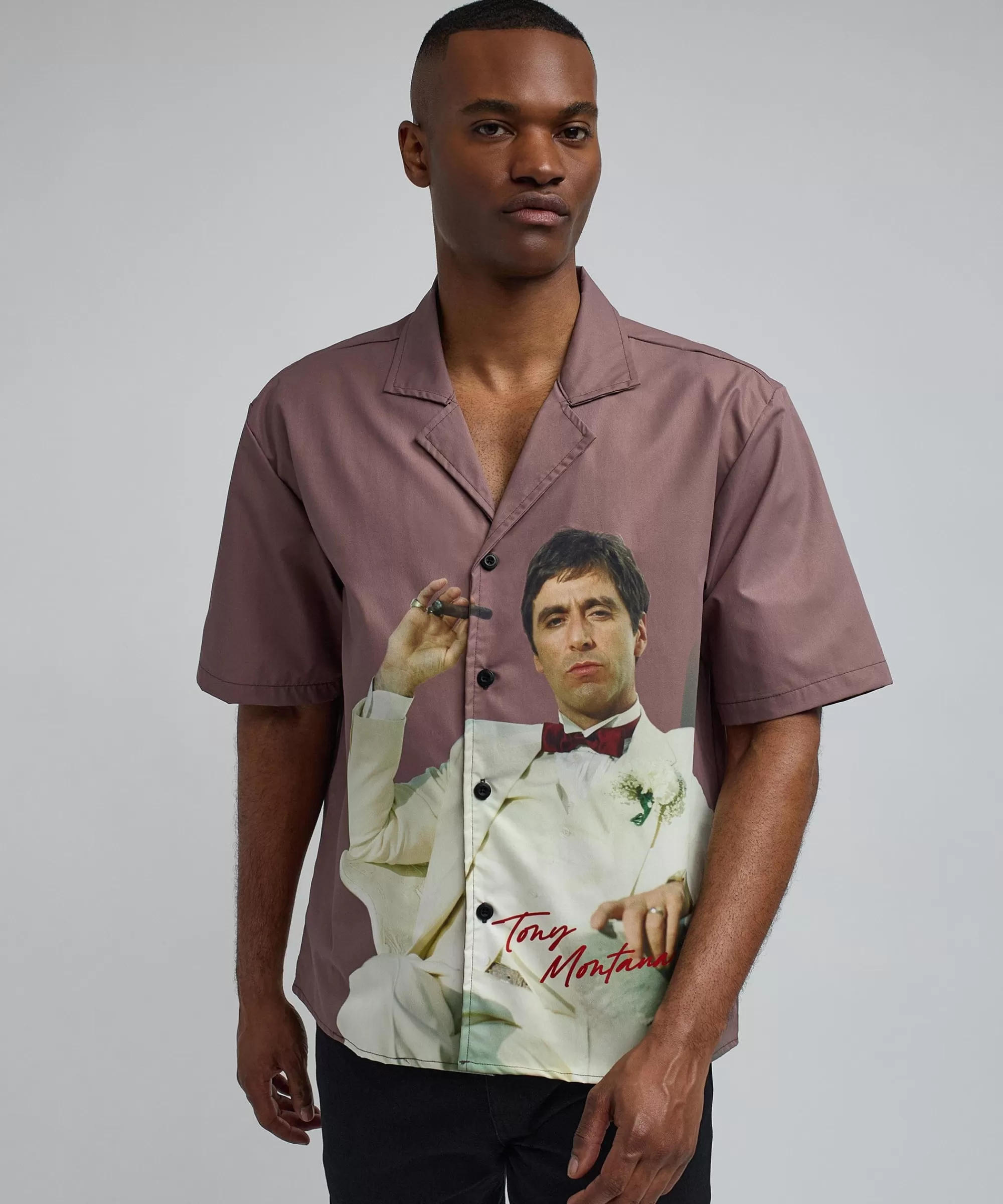 New Scarface Tony Montana Short Sleeve Shirt Box Fit - Brown Button Downs | Oversized Tees