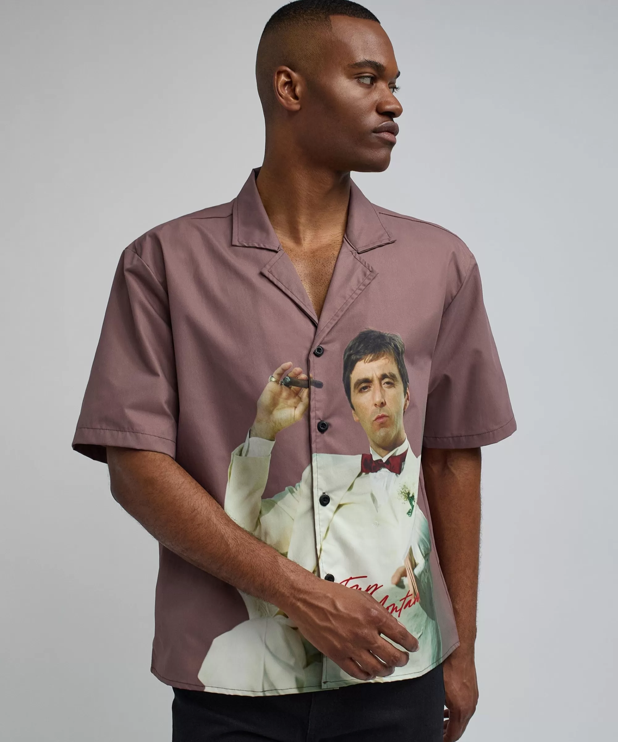 New Scarface Tony Montana Short Sleeve Shirt Box Fit - Brown Button Downs | Oversized Tees