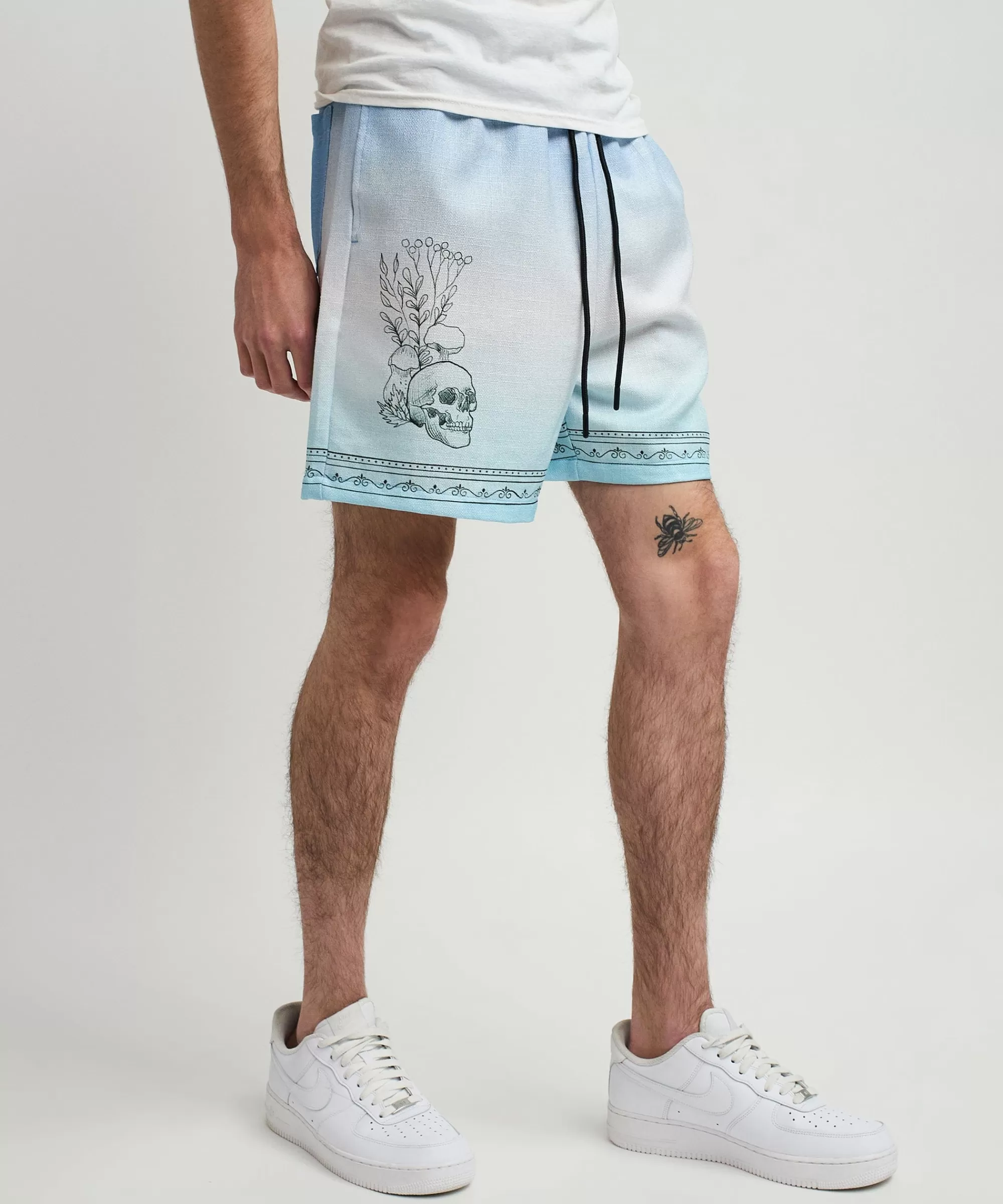 Clearance Styx Skulls Linen Texture Allover Print Shorts - Light Blue Shop All Bottoms | Shorts