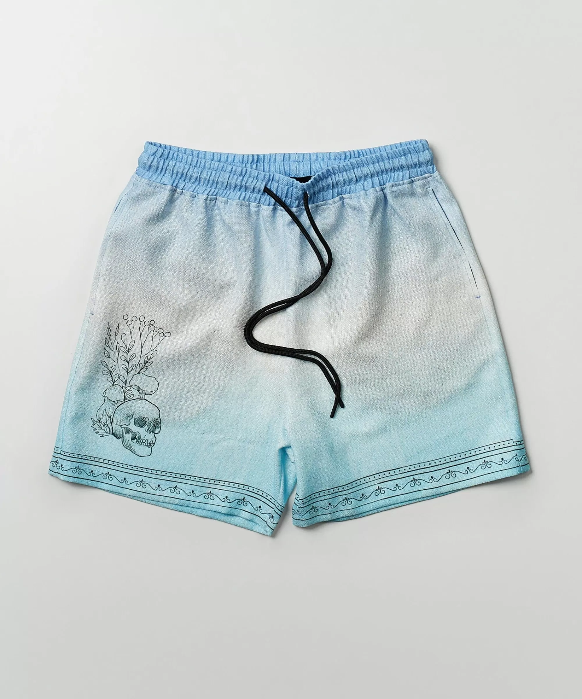 Clearance Styx Skulls Linen Texture Allover Print Shorts - Light Blue Shop All Bottoms | Shorts