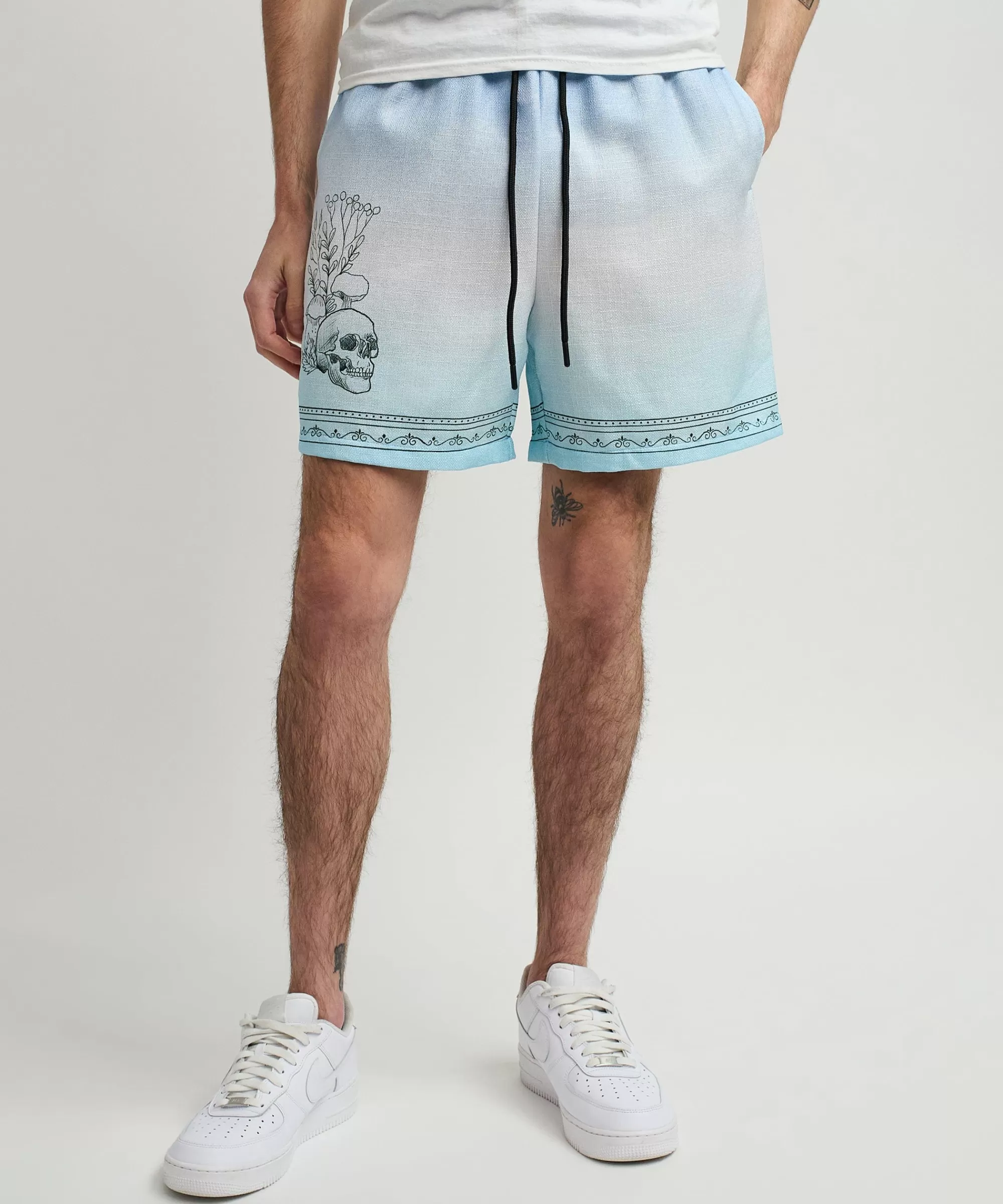 Clearance Styx Skulls Linen Texture Allover Print Shorts - Light Blue Shop All Bottoms | Shorts