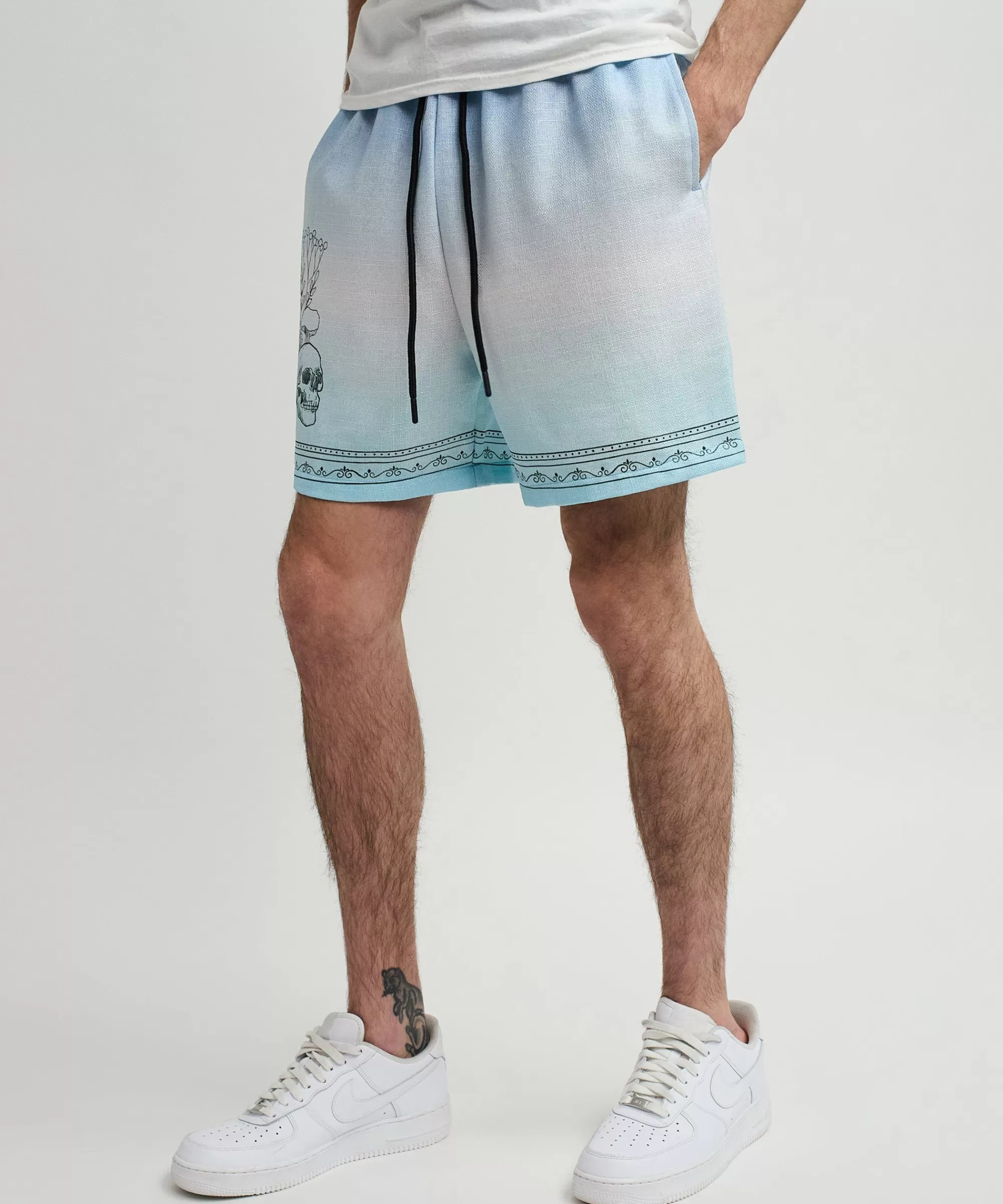 Clearance Styx Skulls Linen Texture Allover Print Shorts - Light Blue Shop All Bottoms | Shorts
