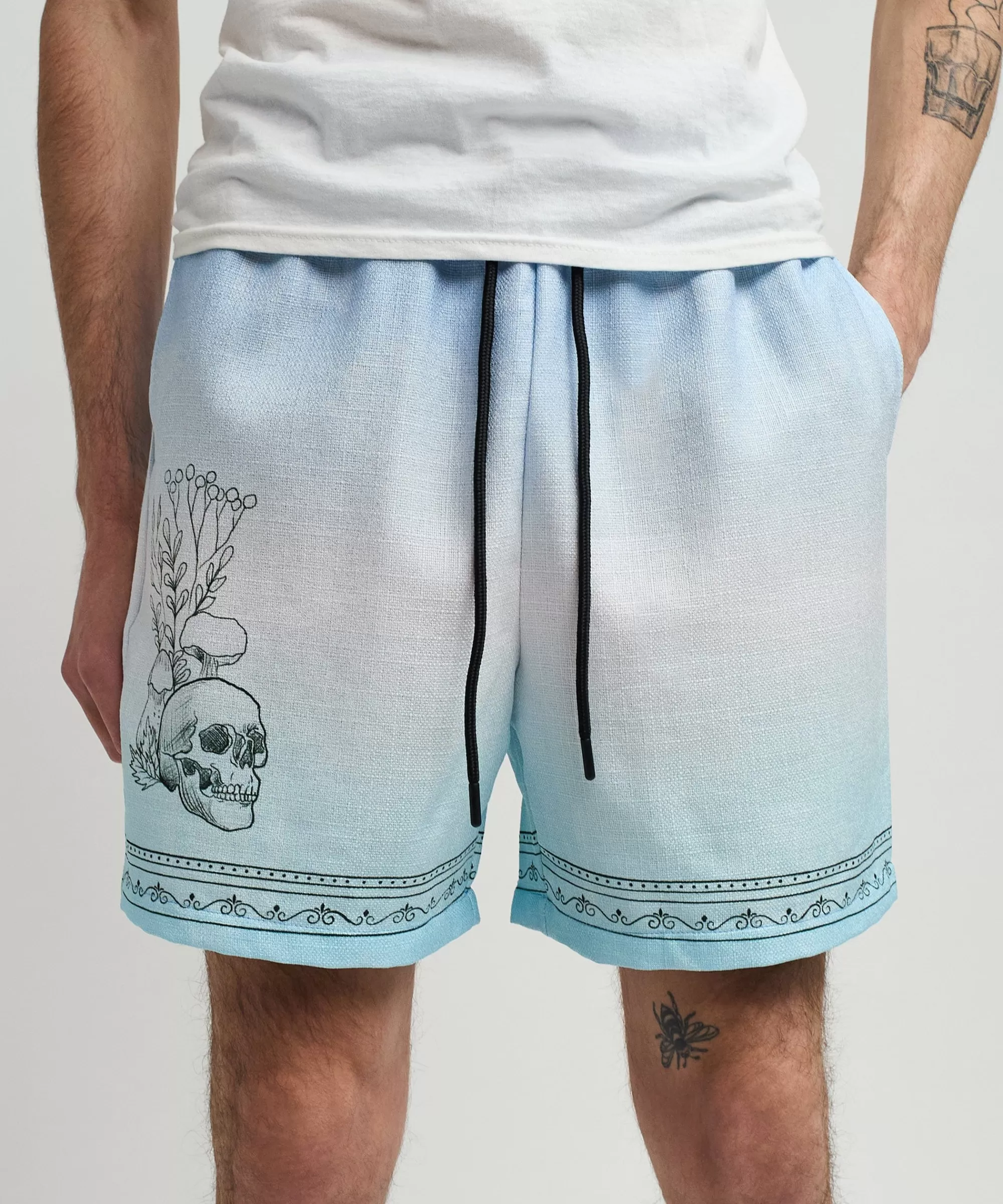 Clearance Styx Skulls Linen Texture Allover Print Shorts - Light Blue Shop All Bottoms | Shorts