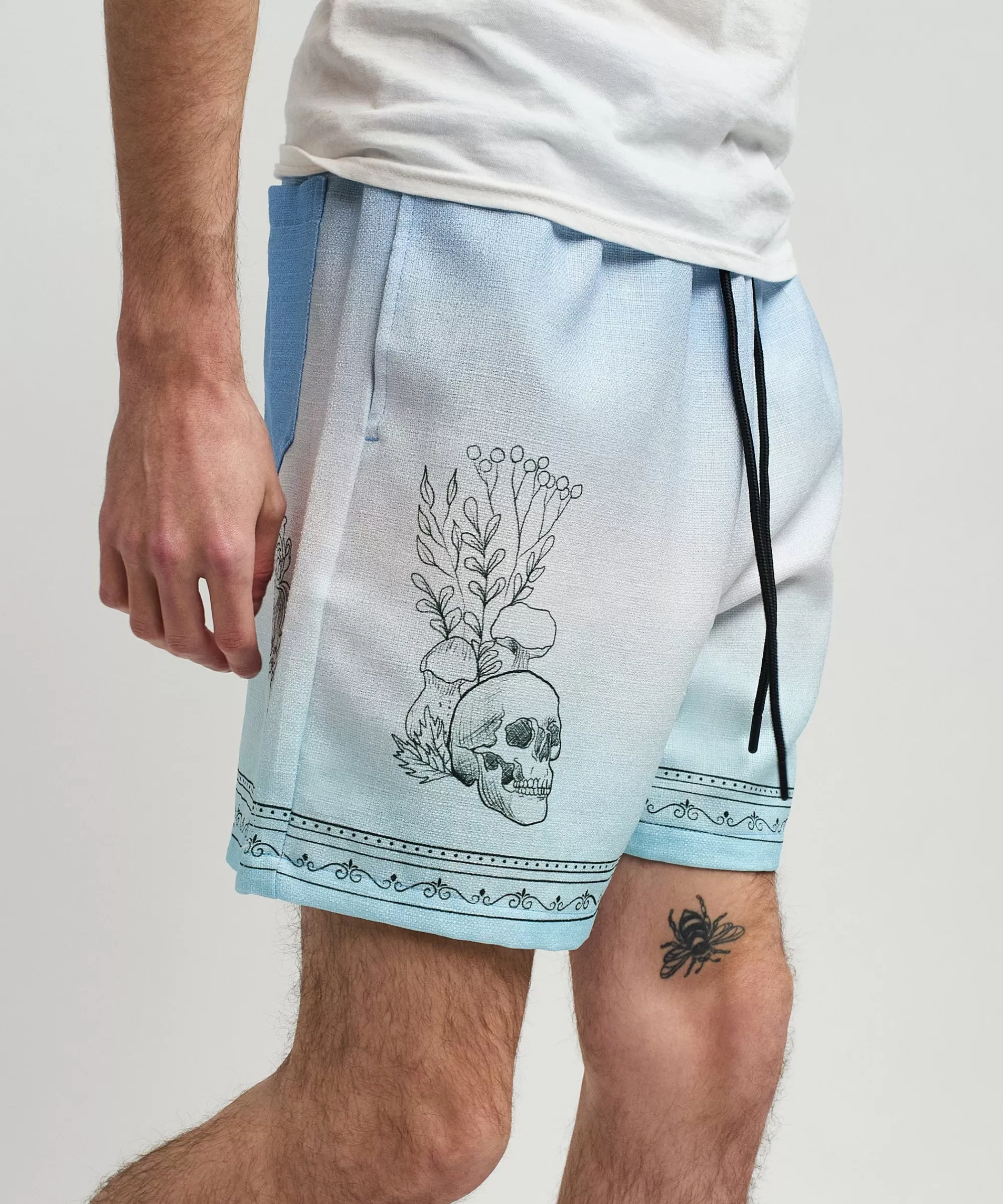 Clearance Styx Skulls Linen Texture Allover Print Shorts - Light Blue Shop All Bottoms | Shorts
